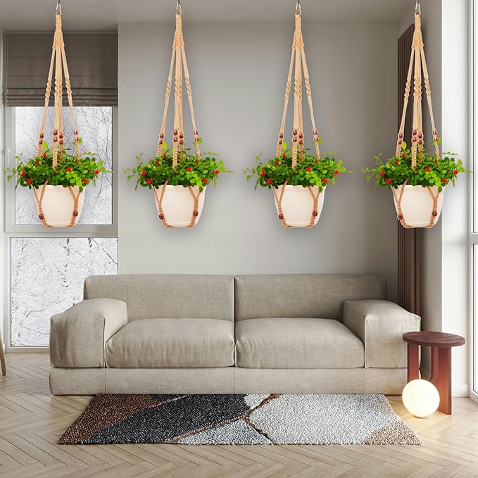 Macrame Plant Hanger Indoor Set,Hanging Planters for Indoor Plants Outdoor,Hanging Plant Holder Basket Pot with 8 Hooks,Boho Home Decor Crochet Beads Window Ceiling,No Tassels 4 Pack,Brown petonfun