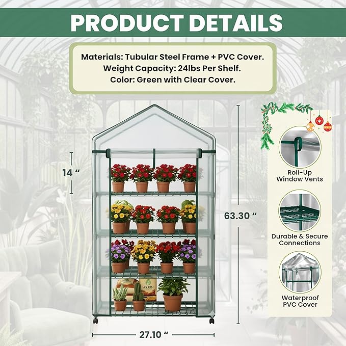 4 Tier Mini Greenhouse - Portable Greenhouse with Locking Wheels and PVC Cover for Indoor or Outdoor - 27 x 19 x 63-Inch Green House by Pure Garden Home-Complete