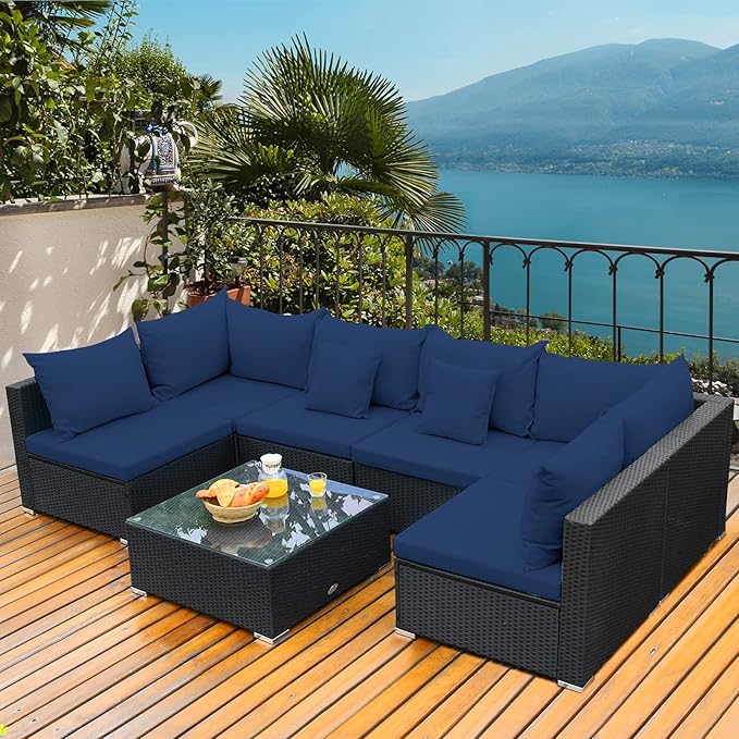 Tangkula 7-Piece Patio Furniture Set, Outdoor Sectional Wicker Sofa with Pillows and Cushions, Conversation Set with Coffee Table & Tea Table for Garden, Lawn (Navy Blue) TANGKULA
