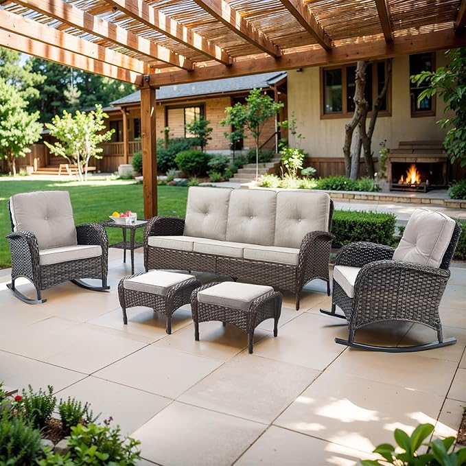 Belord Outdoor Ottomans for Patio Foot Rest - 25 Inch PE Wicker Foot Stool Set of 2 with Removable Cushions for Patio Furniture Sets,All Weather Rattan Ottoman for Balcony Deck Backyard Brown Belord