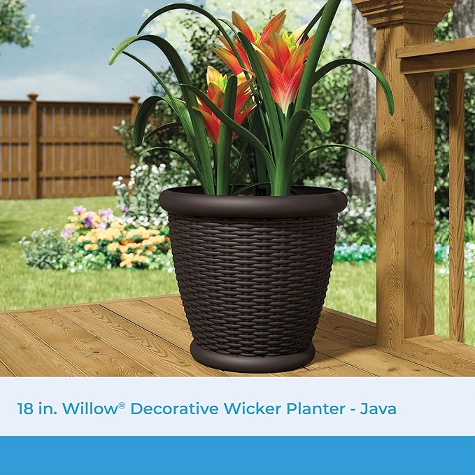 Suncast 18" Resin Indoor/Outdoor Wicker Planter, Brown, Made in the USA Suncast