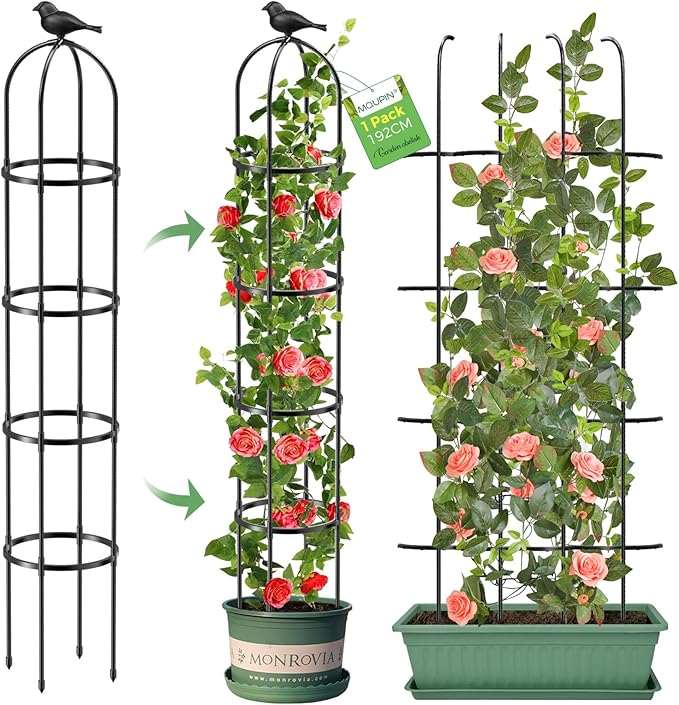 Tower Obelisk Garden Trellis for Climbing Plant，6.3FT/75.6" Rustproof Metal Potted Plant Climbing Support for Indoor Outdoor Flowers Vegetable Fruits Vines Support (1PCS) MQUPIN