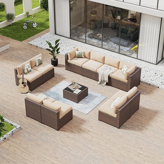 Aoxun 11 Piece Patio Furniture Set Wicker Rattan Patio Conversation Set Outdoor Sectional Sofa Set with Coffee Table and Thickened Cushions, Beige(Waterproof Cover Included) Aoxun