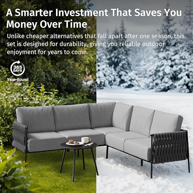 East Oak Corner Patio Furniture Set | Life Chatter 5-Seat Outdoor Furniture | Deep Seating Corner Sofa with Round Coffee Table | Extra-Thick & Washable Cushions | Misty Grey EASTOAK