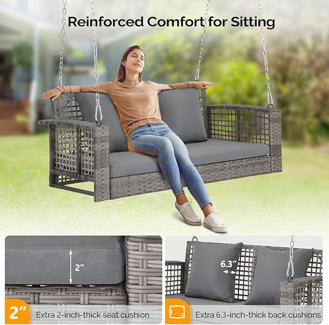 VINGLI 4 FT Rattan Porch Swing Outdoor Support 800 LBS with Cushions & Adjustable Chains, Patio Wicker Swing Bench Chair for Garden, Yard, Lawn, Tree, Grey VINGLI