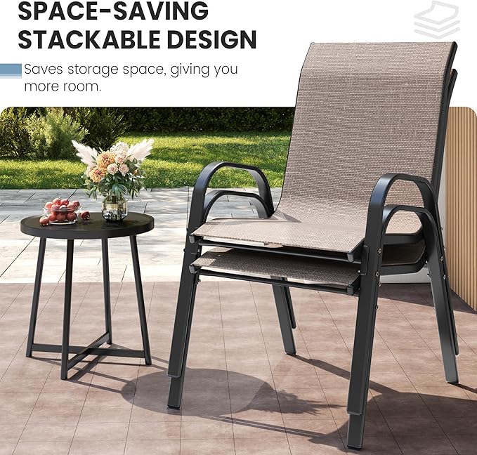 Patio Dining Chairs Set of 2, Outdoor Stackable Chairs, Breathable Seat and Alloy Steel Frame Fit for Backyard,Garden,Porch, Lawn，Poolside (Light Brown) VonzoyHome