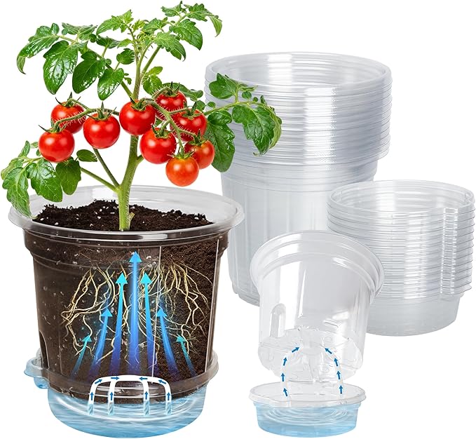 12 Pack 6.5 Inch Clear Self Watering Plant Pots with Bottom Water Tray & Watering Rope, Transparent Nursery Pots with Drainage for Seedlings, Herbs, and Houseplants Bluepro