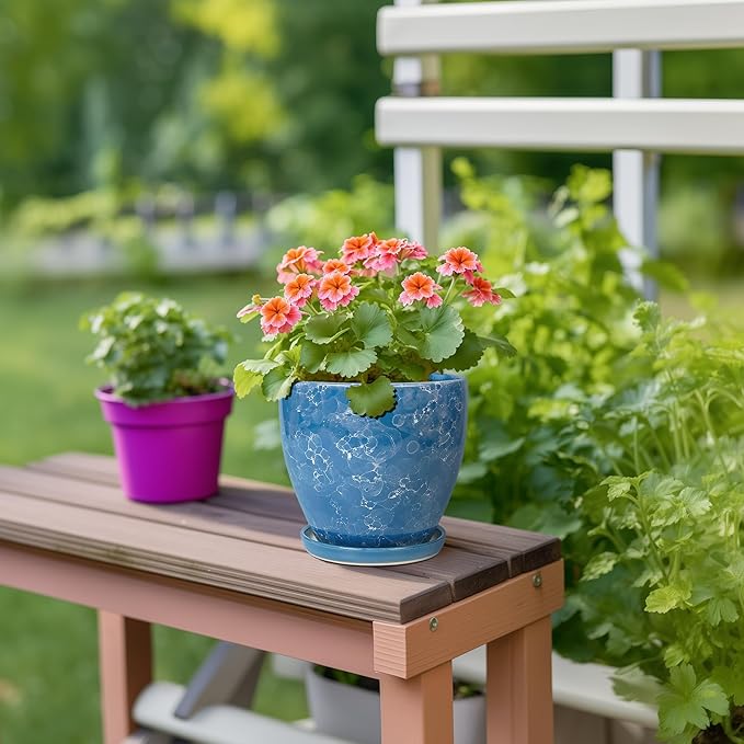 6 Inch Ceramic Plant Pot - Ceramic Planters with Drainage Hole and Saucer, Round Decorative Planter, Modern Planters for Indoor Outdoor Plants, Desk Office Decor, Housewarming Gifts, Blue EPFamily