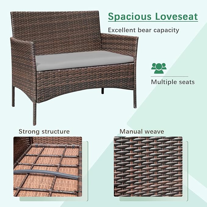 Greesum Patio Furniture 4 Pieces Conversation Sets Outdoor Wicker Rattan Chairs Garden Backyard Balcony Porch Poolside loveseat with Soft Cushion and Glass Table, Brown and Gray BuynowfromGreesum