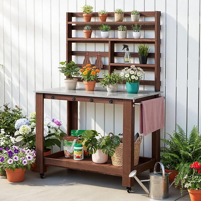 VEVOR Potting Bench Table, Outdoor Gardening Workstation with 45 x 26 in Stainless Steel Tabletop, Storage Shelves, 4 Casters, Hooks, Garden Planting Work Station for Outside Patio, Backyard, Brown VEVOR