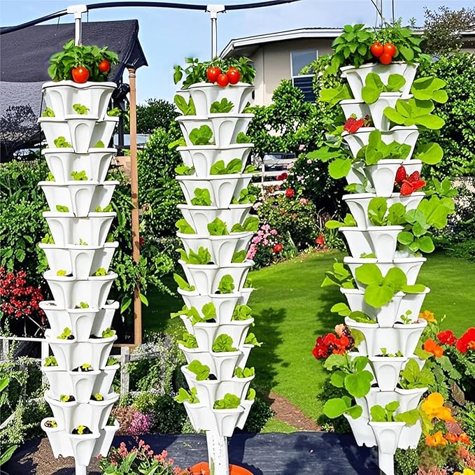 Strawberry Planters, 3 Tiered Vertical Stackable Planter, Herb Stacking Tower Garden, Flower Vegetable Planters with Support Pole, Indoor & Outdoor with Removable Wheels - White Lykvrii