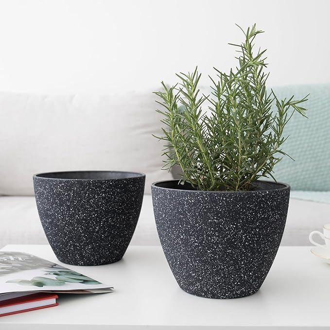 LA JOLIE MUSE Flower Pots Outdoor Garden Planters, Indoor Plant Pots with Drainage Holes, Plastic, Speckled Black, Set 2 (7.5 + 7.5 Inch) LaJol%C3%ADeMuse