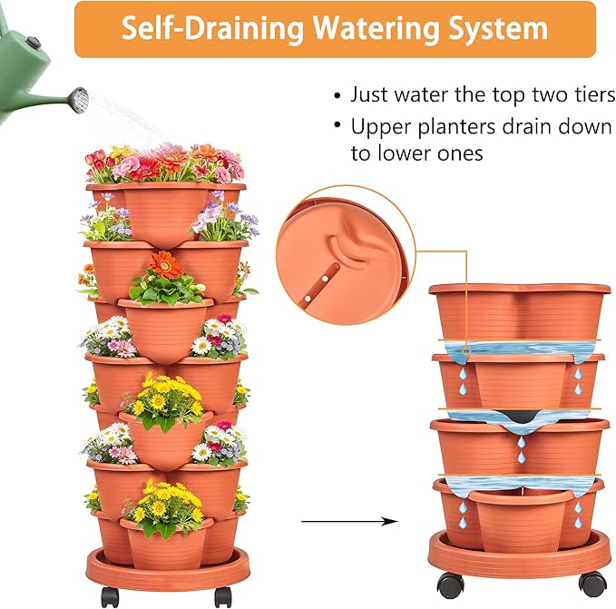 VECELO 7 Tier Vertical Garden Planter, Self Watering Stackable Planters with Wheels for Strawberries, Herbs, Flowers, Vegetables, Red VECELO