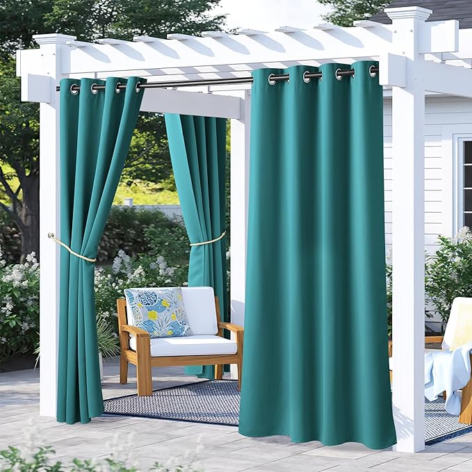 NICETOWN 2 Panels Outdoor Patio Curtains Waterproof 72 inches Long, Rustproof Grommet Pergola Curtains Thermal Curtains Indoor Outdoor Window Drapes for Porch/Gazebo, Peacock Teal, W52 x L72 NICETOWN