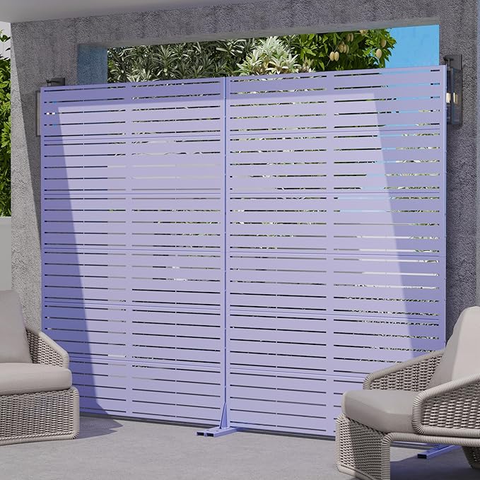 Casaphoria Metal Privacy Screen Outdoor, 72" H x 47" W Freestanding Decorative Privacy Screen for Patio Deck Balcony Garden with Stable Base, Purple-Louvered Casaphoria
