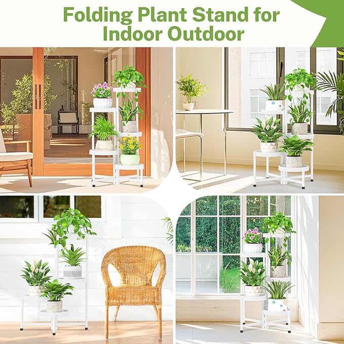 iDavosic.ly 5 Tier Folding Plant Stand Indoor Outdoor with Plastic Tray, Tiered Corner Flower Holder Shelf, Metal Orchid Display Rack for Patio Porch Living Room Garden Balcony, White iDavosicly
