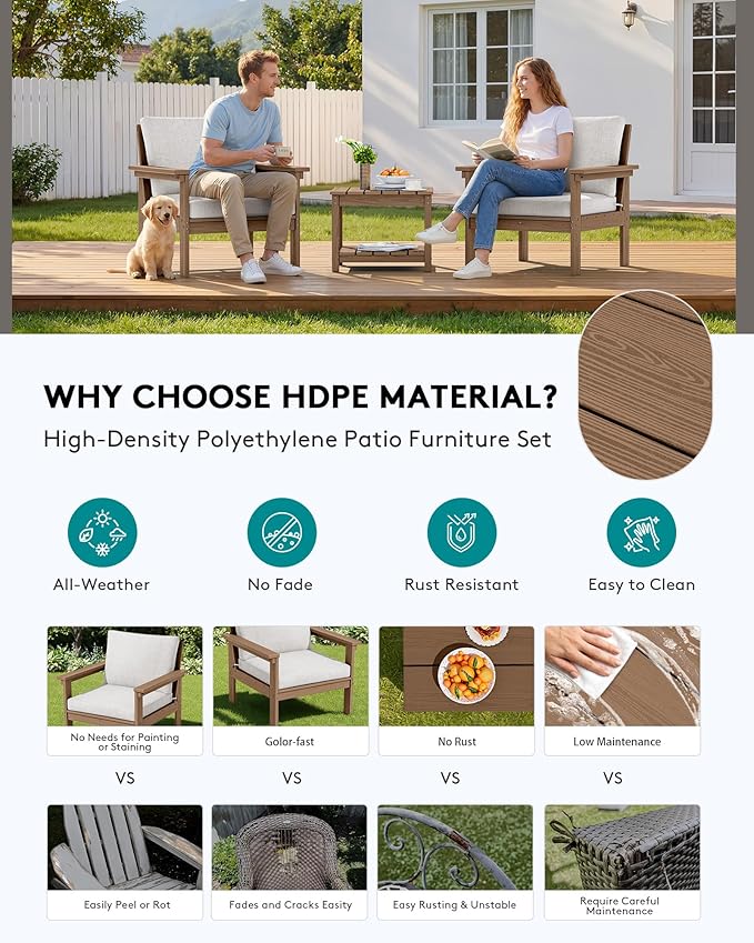 SERWALL HDPE Patio Sofa Set, 3-piece Sectional Outdoor Furniture Set, All Weather Outdoor Couch Set Patio Furniture Set for Deck, Lawn, Brown Frame with Khaki Cushion SERWALL