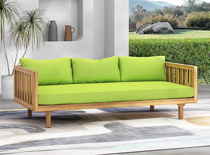 Merax Outdoor 3 Seater Daybed, Acacia Wood Day Bed Couch Sofa with Cushions for Patio Backyard, Garden, Green Merax