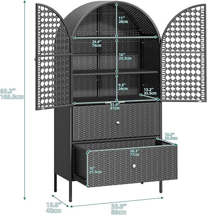 YITAHOME 65 Inch Outdoor Storage Shed, Arched Wicker Stand-Up Pantry with 3 Shelves & 2 Drawers, Rustic Storage Cabinet Patio Furniture for Backyard Garden Patio Lawn (Black) YITAHOME