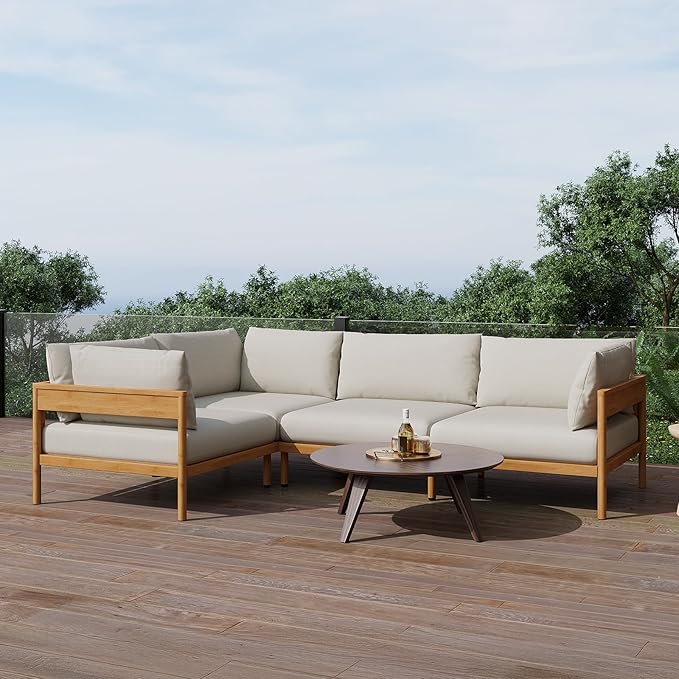 Acanva Modern Outdoor Patio Furniture Set, All-Weather Aluminium Conversation Sectional Sofa with Thick Cushions for Backyard, Garden, Porch, 4 Seats, Beige acanva
