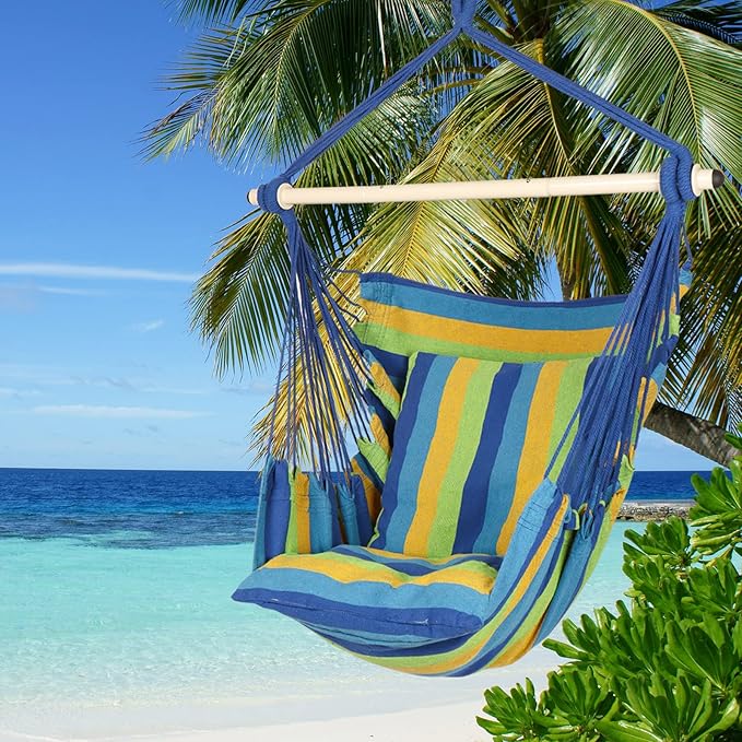 Highwild Hammock Chair Hanging Rope Swing - Max 500 Lbs - 2 Cushions Included - Steel Spreader Bar with Anti-Slip Rings - for Any Indoor or Outdoor Spaces (Blue Striped) Highwild