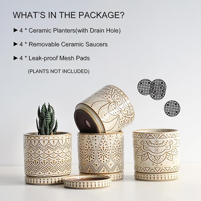 Gepege 4 Inch Small Indoor Succulent Ceramic Planter Pot with Drainage Holes and Saucers for Plants, Birthday for Women Mom Gepege