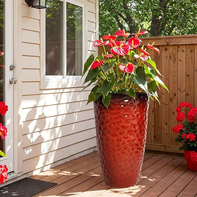 Worth 2 Pack 24" Tall Large Plastic Planter with Drainage Hole, Round Decorative Flower Plant Pit for Indoor or Outdoor Gardening, Glossy Red WORTH