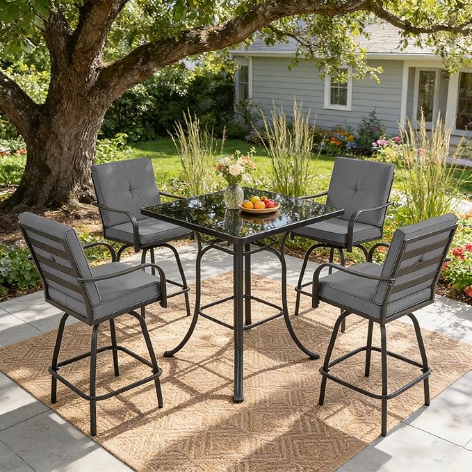 Patio Swivel Bar Stools Set of 4, Outdoor Bar Height Swivel Chairs with Cushions for Garden Balcony Backyard, Grey STRPRETTYBASIC