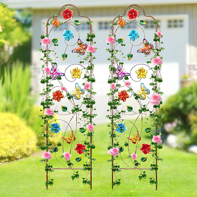 2 Pack Metal Garden Trellis Arched Fence Trellises for Climbing Plants Outdoor, Roses, Vines, Flowers, and Vegetables Support, 60'' H x 12'' W, Butterfly YADOOLIFE