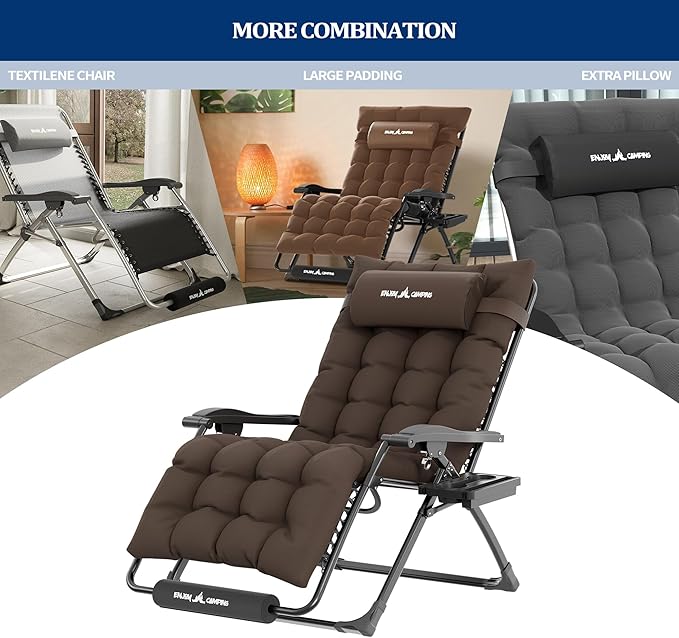 UDPATIO Oversized Zero Gravity Chair 29In XL Patio Reclining Chair with Cushion, Outdoor Folding Recliner with Pillows|Cup Holder|Foot Rest|Padded Headrest, Brown Grey, Support 500LB UDPATIO