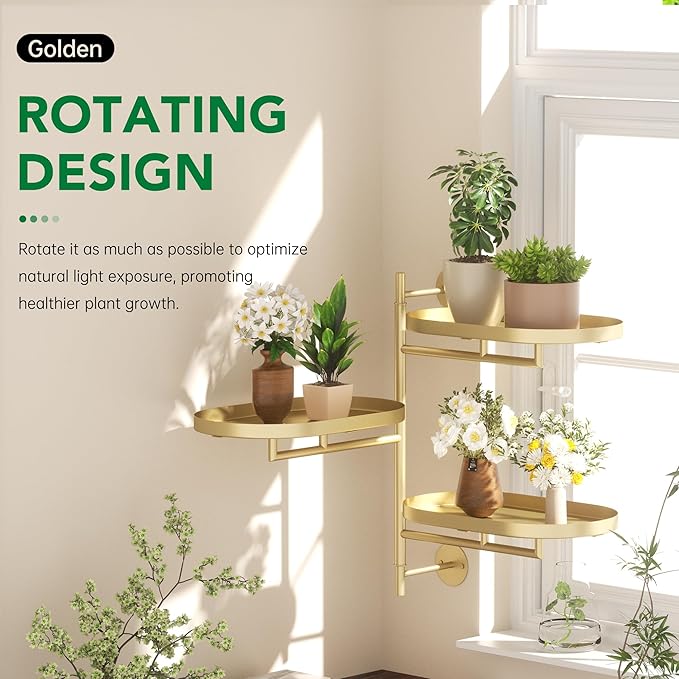 Rotating Window Wall Plant Shelves Stand Holder, 3 Tiered Metal Gold Floating Plant Shelf Hanger Indoor , Window Sill Gifts YFFSRJDJ