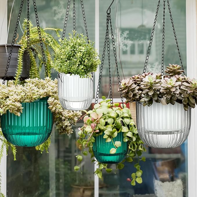 Maxcheck 4 Pcs Self Watering Hanging Planters Indoor Gift 6.5'' 4.5'' Hanging Flower Pots Baskets Outdoor Self Watering Plant with 3hooks Drainage Holes for Home(Emerald,Clear) Maxcheck
