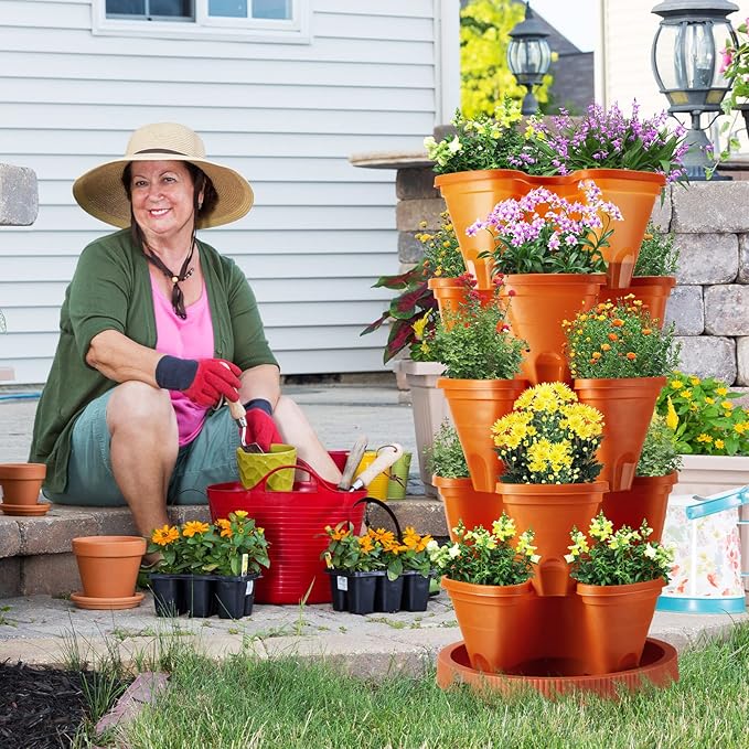 Umigy 2 Set 5 Tier Stackable Planters Vertical Garden Planters for Strawberry Herb Flower and Vegetable Indoor Outdoor Gardening Pots with Removable Wheels and Bottom(Terracotta) Umigy