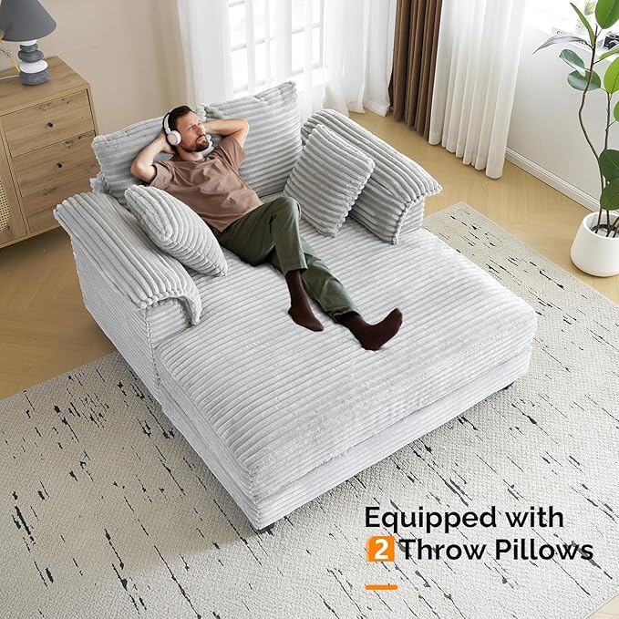 VINGLI 56" Oversized Chaise Lounge Chair, Light Grey Comfy Corduroy Chaise Sofa Recliner Bed Upholstered Sleeper Couch Bed with Throw Pillows and Armrests for Living Room, Movie Room, Bedroom VINGLI