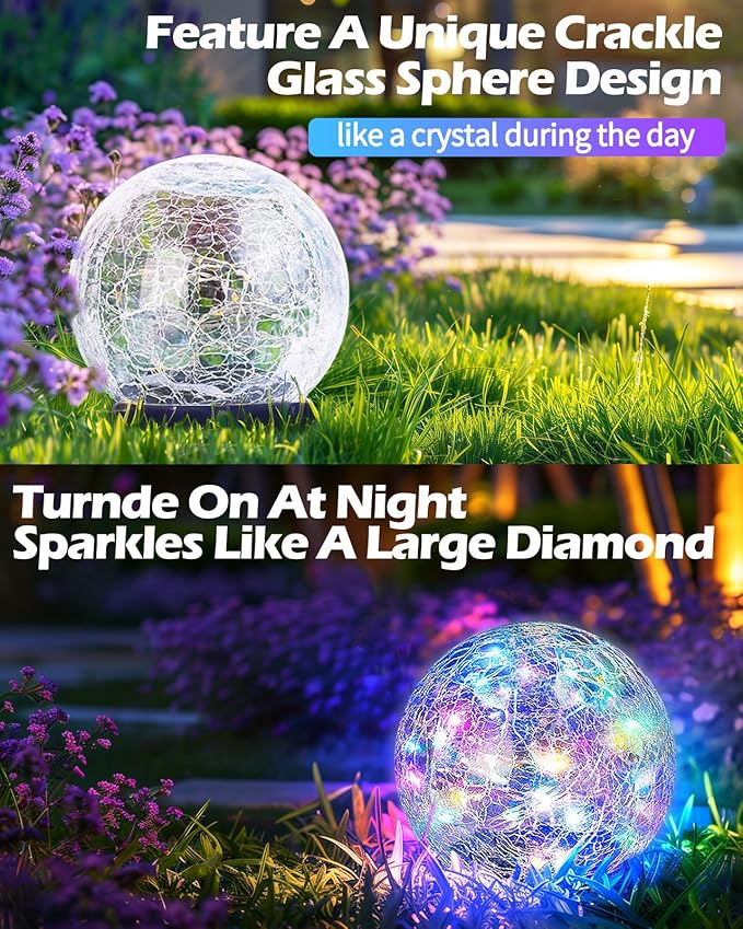 Coroor Garden Solar Ball Lights Outdoor Waterproof, 50 LED Cracked Glass Globe Solar Power Ground Lights for Path Yard Patio Lawn, Outdoor Decoration Landscape Colorful(2 Pack 4.7'') Coroor