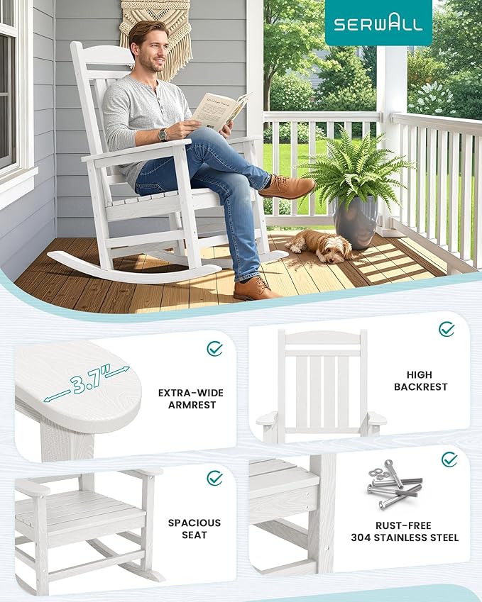 SERWALL Outdoor Rocking Chairs Set of 4, Oversized HDPE Porch Rockers for Adults, All-Weather Composite Patio Rocking Chairs, White SERWALL