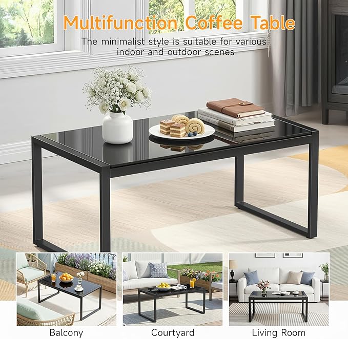 ONBRILL Rectangle Coffee Table with Tempered Glass Desktop, Galvanized Frame Outdoor Coffee Table with Adjustable Feet for Patio, Balcony, Deck, Living Room, Black ONBRILL