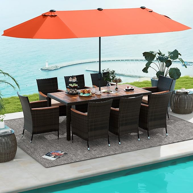 Tangkula 11 Piece Rattan Outdoor Dining Set with 15Ft Patio Umbrella for 8, Outdoor Wicker Table Set with 8 Cushioned Armchairs, Acacia Wood Top, Outdoor Umbrella with Base Included TANGKULA