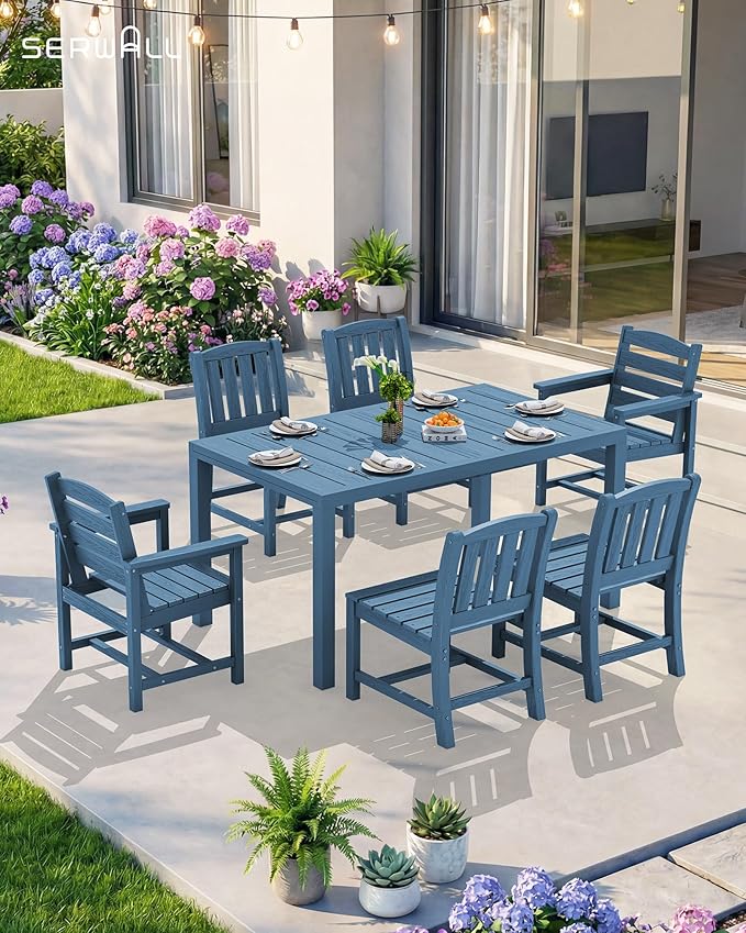 SERWALL 9-Piece Outdoor Dining Set, 60" - 83" Expandable Outdoor Dining Table and 8 HDPE Chairs, All Weather HDPE Outdoor Furniture Set for Backyard, Garden, Blue SERWALL