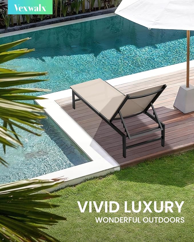 Outdoor Lounge Chairs Set of 3, Aluminum Chaise Lounge Chairs with 5-Position Recliner, Patio Lounge Chair for Backyard, Poolside, Deck, Lawn (Khaki) Vexwalx