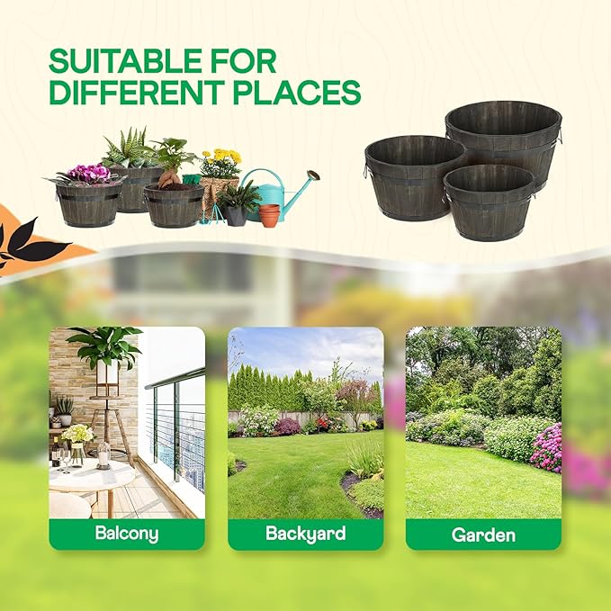 Idzo Set of 3 Wooden Flower Planters for Outdoor Plants, Acacia Wood Barrel Planters, Ergonomic Handles, Drainage Holes, Various Sizes, Black Idzo
