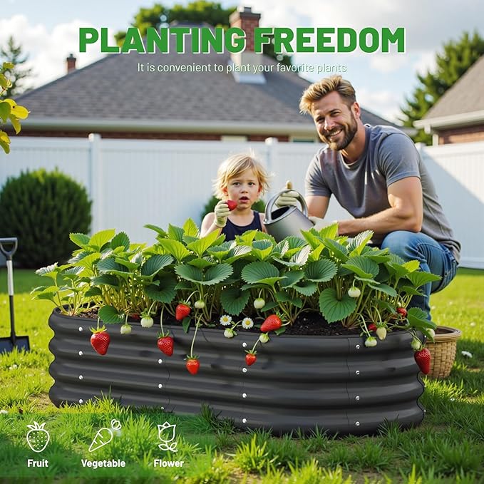 Galvanized Metal Raised Garden Bed Kit for Lightweight Planter Boxes Outdoor with Easy Assembly,4x2x1ft Oval Large Galvanized Gardening Raised Bed for Vegetables, Fruits, Flower,Black Anmiro