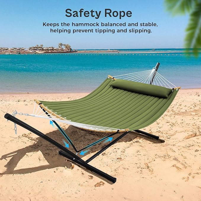 SUPERJARE Curved-Bar Hammock with Stand, 2 Person Heavy Duty Hammock Frame, Detachable Pillow & Portable Carrying Bag, Perfect for Outdoor & Indoor, Spring Green SUPERJARE