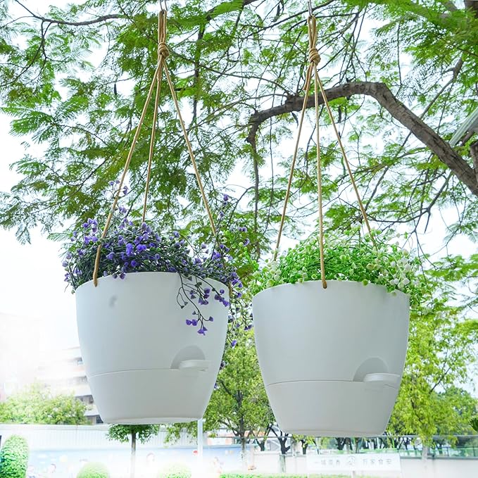 8 inch Hanging Planters, 2 Pack Self Watering Hanging Pots with 20oZ Deep Reservoir for Indoor Outdoor Plants Flowers, White SwinDuck