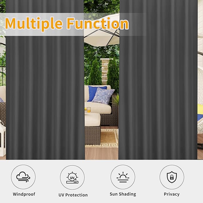 Easy-Going Outdoor Patio Curtains Detachable Tab Top Windproof Weatherproof Curtain for Cabana, Porch, Pergola and Gazebo, Tab Bottom Drape, 2 Panels, 54W x 120L inch, Gray Easy-Going