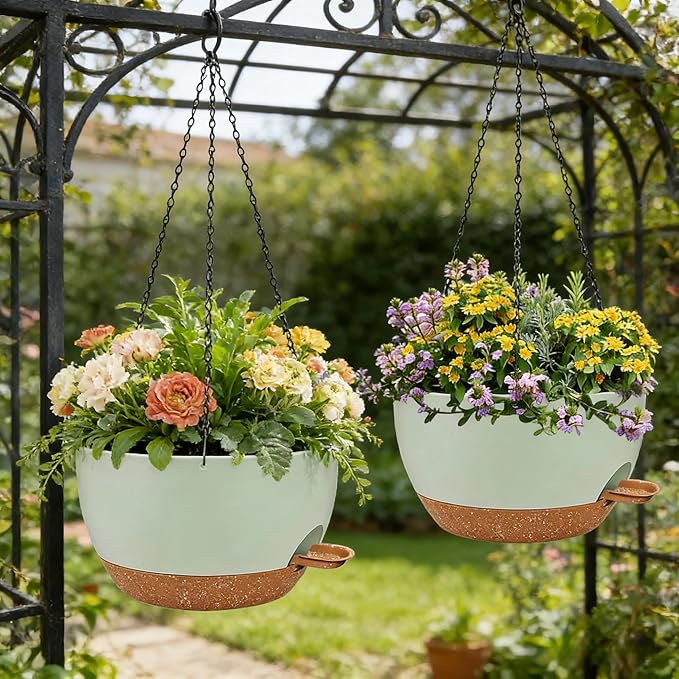 2 Pack 12 Inch Self Watering Hanging Planters for Indoor Plants, Large Green Brown Plastic Hanging Pots with Chains for Outdoor Patio Garden Home Decor Green Brown zople