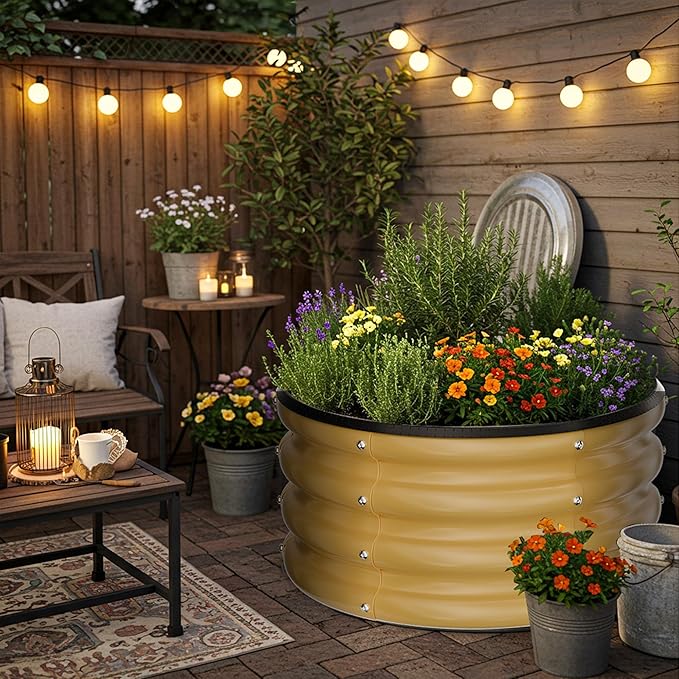 ZXZYHFTY Round Galvanized Raised Garden Bed kit,Yellow Outdoor Garden Raised Planter Box, Round Large Metal Raised Garden Beds for Vegetable 2 * 2 * 1ft 2 Pcs ZXZYHFTY