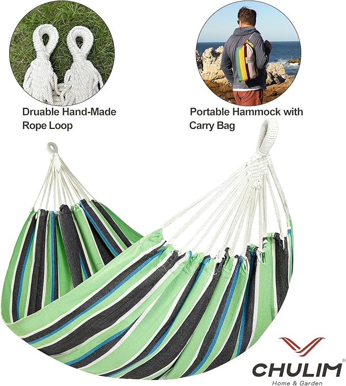 Brazilian Double Hammock with Tree Straps,Extra Large 94x63IN,2 Persons Hammock for Backyard Patio Outdoor and Indoor,450lbs Weight Capacity,Soft Woven Cotton Fabric - Black Stripe CHULIM