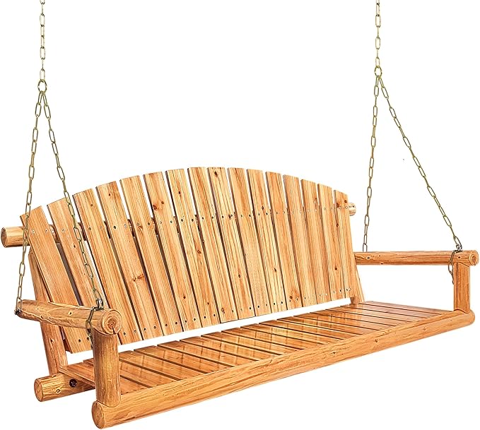 Outdoor Porch Swing Front Porch Hanging Wooden Bench Swing 3 Seat Chair for Garden, Patio, Backyard, Playground, Log Wood 800Lbs, 5 Ft, Lightly Toasted Anraja