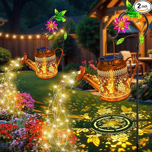 2 Pack Solar Lanterns Outdoor Waterproof,Hummingbird Watering Can Garden Decor,Hanging Solar Path Lights Yard Art,Outside Patio Decorations Gardening Christmas Gifts for Mom Grandma Women (Warm White) YJFWAL